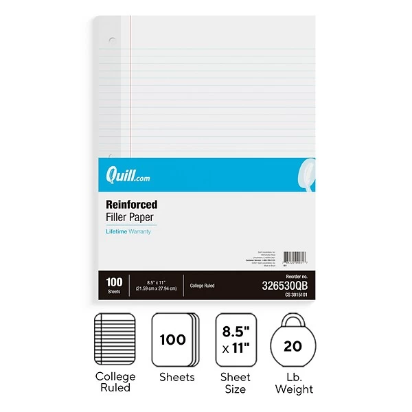 Quill Brand® College Ruled Reinforced Filler Paper, 8.5" X 11", 100 Sheets/Pack (TR16183) 3 Quill Brand® College Ruled Reinforced Filler Paper, 8.5" X 11", 100 Sheets/Pack (TR16183)