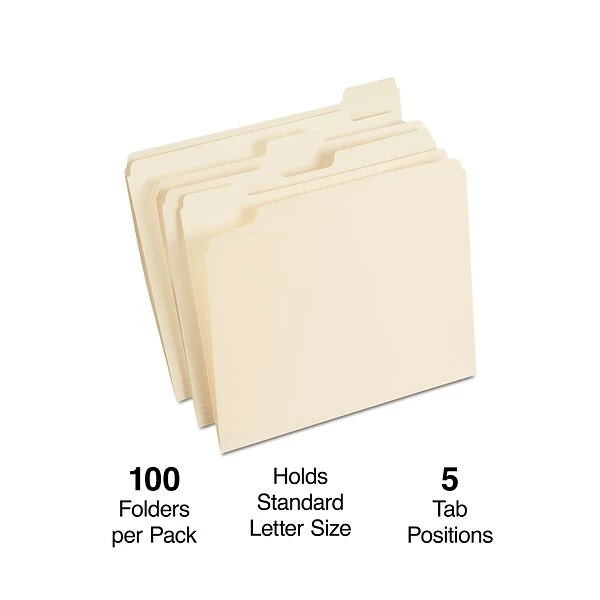 Quill Brand® File Folders, 1/5-Cut Assorted, Letter Size, Manila, 100/Box (740139) 3 Quill Brand® File Folders, 1/5-Cut Assorted, Letter Size, Manila, 100/Box (740139)