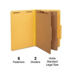 Quill Brand® 2/5-Cut Tab Pressboard Classification File Folders, 2-Partitions, 6-Fasteners, Legal, Yellow 15/Box (739038)