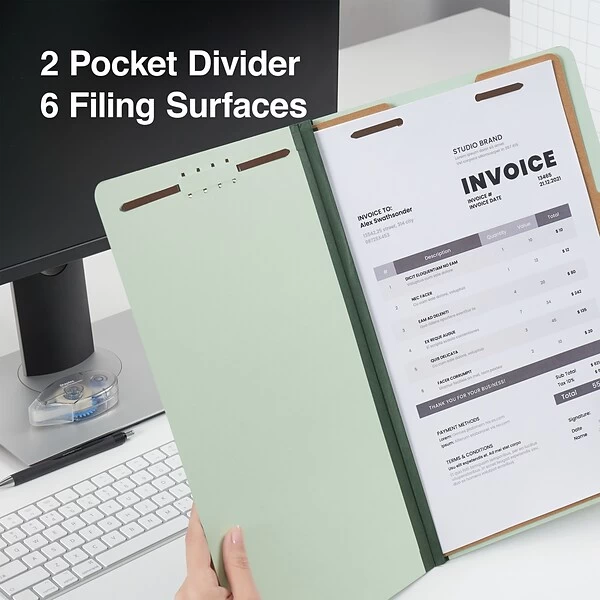 Quill Brand® Recycled Pressboard Classification Folders, 2-Partitions, 6-Fasteners, Legal, Green, 15/Box (761901) 6 Quill Brand® Recycled Pressboard Classification Folders, 2-Partitions, 6-Fasteners, Legal, Green, 15/Box (761901) - Image 4