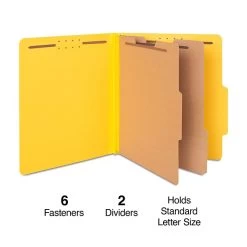 Quill Brand® 2/5-Cut Tab Pressboard Classification File Folders, 2-Partitions, 6-Fasteners, Letter, Yellow, 15/Box (738038)