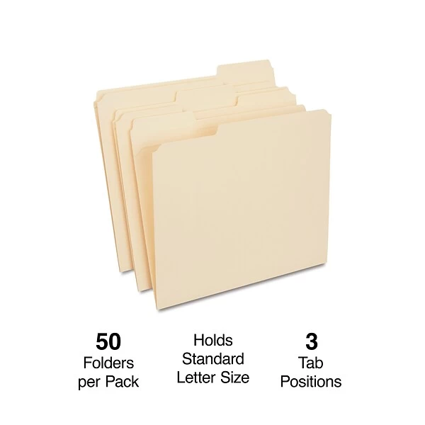 Quill Brand® Heavy-Duty Reinforced File Folders, 1/3-Cut, Letter Size, Assorted Tabs, Manila, 50/Box (71043450) 3 Quill Brand® Heavy-Duty Reinforced File Folders, 1/3-Cut, Letter Size, Assorted Tabs, Manila, 50/Box (71043450)