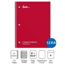 Quill Brand® 1-Subject Notebooks, 8" X 10.5", College Ruled, 70 Sheets, Assorted Colors, 12/Carton (TR58376)