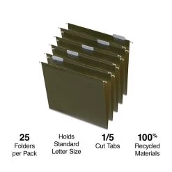 Quill Brand® 100% Recycled Premium Reinforced 5-Tab Hanging File Folders, Letter Size, Green, 25/Box (76215P)