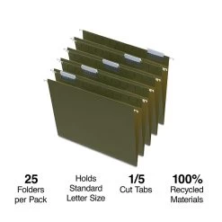 Quill Brand® 100% Recycled Hanging File Folders; 1/5-Cut, Letter Size, Green, 25/Box (7Q5215)