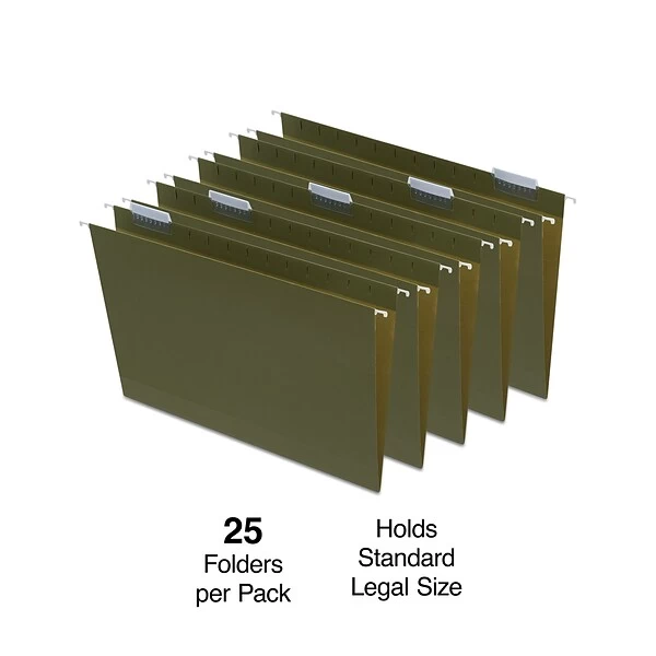 Quill Brand® Reinforced 5-Tab Box Bottom Hanging File Folders, 3" Expansion, Legal Size, Dark Green, 25/Box (730056) 3 Quill Brand® Reinforced 5-Tab Box Bottom Hanging File Folders, 3" Expansion, Legal Size, Dark Green, 25/Box (730056)