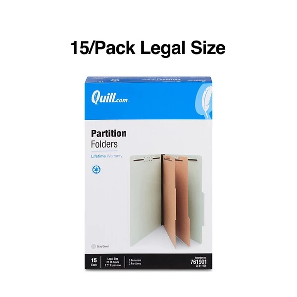 Quill Brand® Recycled Pressboard Classification Folders, 2-Partitions, 6-Fasteners, Legal, Green, 15/Box (761901) 4 Quill Brand® Recycled Pressboard Classification Folders, 2-Partitions, 6-Fasteners, Legal, Green, 15/Box (761901) - Image 2