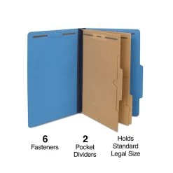 Quill Brand® 2/5-Cut Pressboard Classification Folders With Pockets, 2 Partitions, 6-Fasteners, Legal, Blue, 15/Box (737026)