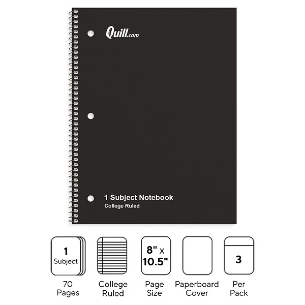 Quill Brand® 1-Subject Notebook, 8" X 10.5", College Ruled, 70 Sheets, Black, 3/Pack (TR58373) 3 Quill Brand® 1-Subject Notebook, 8" X 10.5", College Ruled, 70 Sheets, Black, 3/Pack (TR58373)