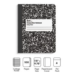 Quill Brand® Composition Notebook, 7.5" X 9.75", College Ruled, 100 Sheets, Black/White, 4/Pack (TR58371)