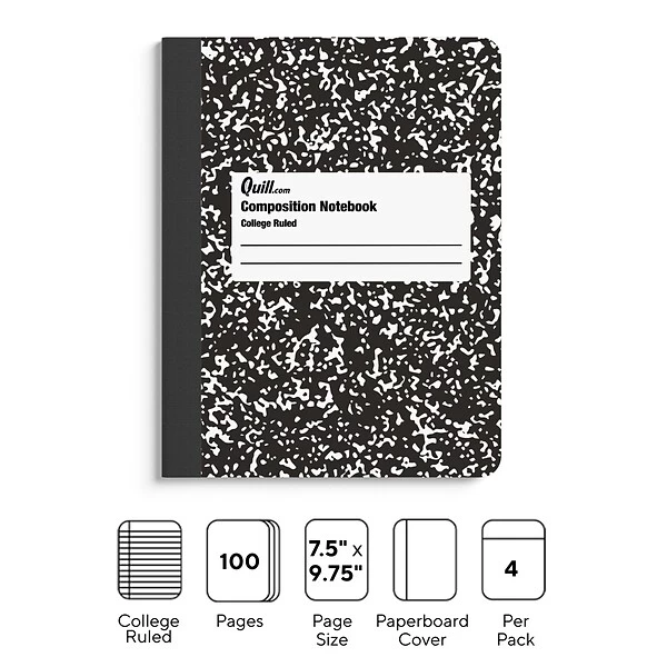 Quill Brand® Composition Notebook, 7.5" X 9.75", College Ruled, 100 Sheets, Black/White, 4/Pack (TR58371) 2 Quill Brand® Composition Notebook, 7.5" X 9.75", College Ruled, 100 Sheets, Black/White, 4/Pack (TR58371)