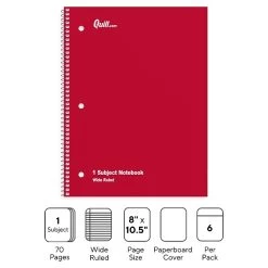Quill Brand® 1-Subject Notebooks, 8" X 10.5", Wide Ruled, 70 Sheets, Assorted Colors, 6/Pack (TR11667)