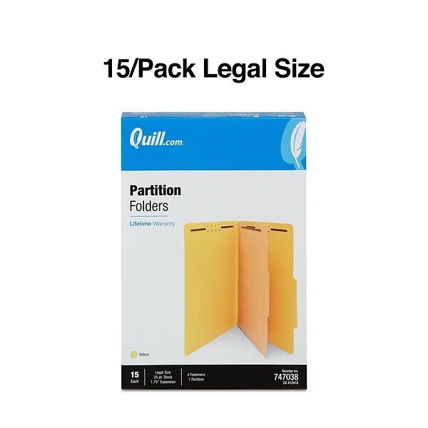 Quill Brand® 2/5-Cut Tab Pressboard Classification File Folders, 1-Partition, 4-Fasteners, Legal, Yellow, 15/Box (747038) 4 Quill Brand® 2/5-Cut Tab Pressboard Classification File Folders, 1-Partition, 4-Fasteners, Legal, Yellow, 15/Box (747038) - Image 2