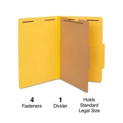 Quill Brand® 2/5-Cut Tab Pressboard Classification File Folders, 1-Partition, 4-Fasteners, Legal, Yellow, 15/Box (747038)