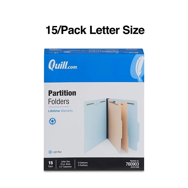 Quill Brand® Recycled Pressboard Classification Folders, 2-Partitions, 6-Fasteners, Letter, Lt Blue, 15/Box (760903) 4 Quill Brand® Recycled Pressboard Classification Folders, 2-Partitions, 6-Fasteners, Letter, Lt Blue, 15/Box (760903) - Image 2