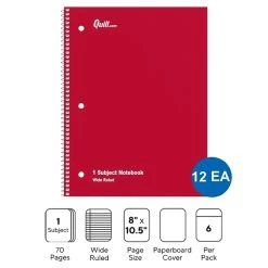 Quill Brand® 1-Subject Notebooks, 8" X 10.5", Wide Ruled, 70 Sheets, Assorted Colors, 12/Carton (TR11667)