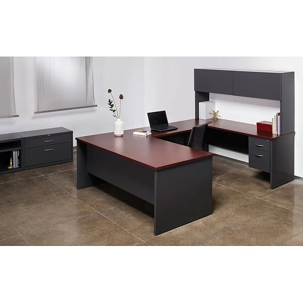 Quill Brand® Modular Desk Right Hand Single Pedestal Credenza, Charcoal/Mahogany, 24"Dx72"W 3 Quill Brand® Modular Desk Right Hand Single Pedestal Credenza, Charcoal/Mahogany, 24"Dx72"W