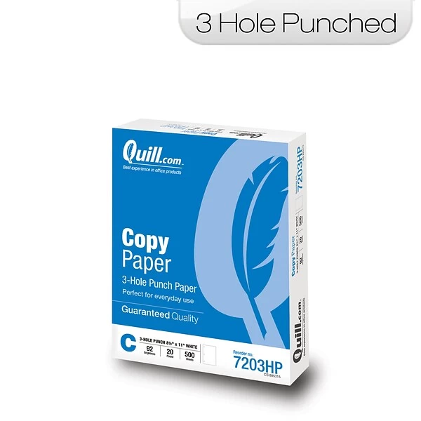 Quill Brand® 8.5" X 11" 3 Hole Punch Copy Paper, 20 Lbs., 92 Brightness, 500 Sheets/Ream (7203HP) 3 Quill Brand® 8.5" X 11" 3 Hole Punch Copy Paper, 20 Lbs., 92 Brightness, 500 Sheets/Ream (7203HP)