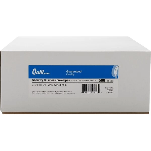 Quill Brand Gummed Security Tinted #8 Double Window Envelope, 3 5/8" X 8 5/8", White, 500/Box (69741 / 70727) 3 Quill Brand Gummed Security Tinted #8 Double Window Envelope, 3 5/8" X 8 5/8", White, 500/Box (69741 / 70727)