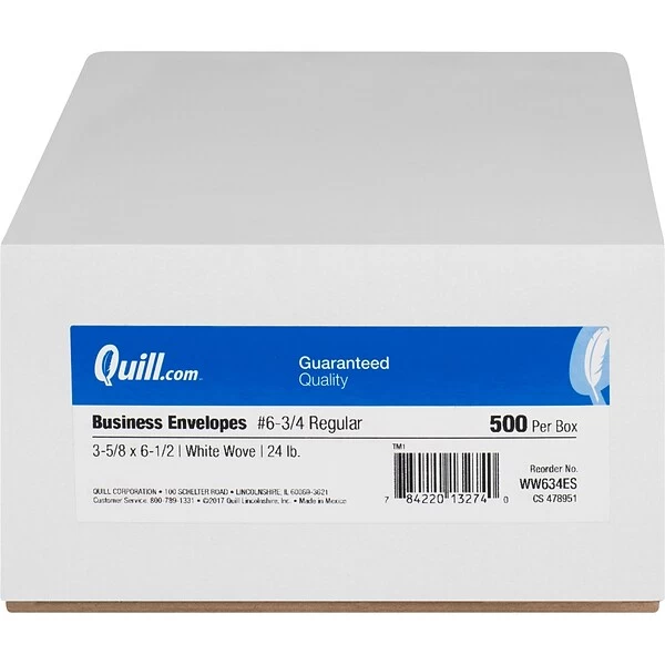 Quill Brand Gummed #6 3/4 Business Envelope, 3 5/8" X 6 1/2", White, 500/Box (69665 / 70692) 4 Quill Brand Gummed #6 3/4 Business Envelope, 3 5/8" X 6 1/2", White, 500/Box (69665 / 70692) - Image 2