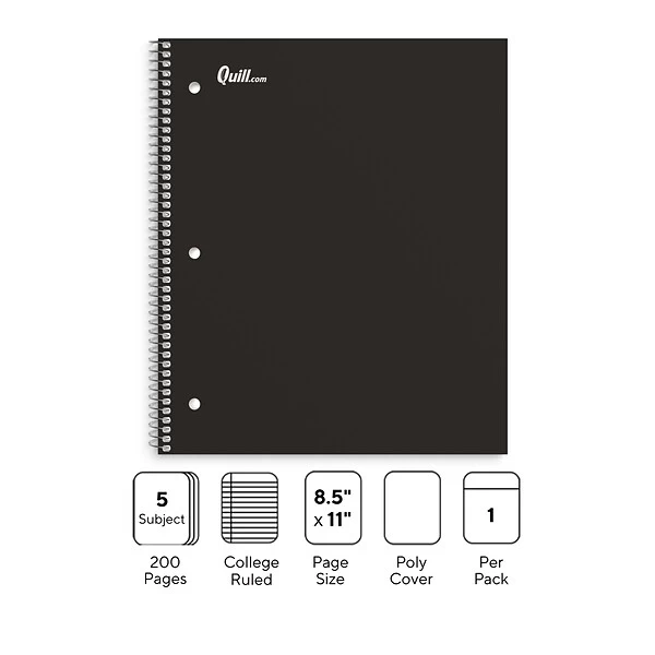 Quill Brand® Premium 5-Subject Notebook, 8.5" X 11", College Ruled, 200 Sheets, Black (TR58317) 3 Quill Brand® Premium 5-Subject Notebook, 8.5" X 11", College Ruled, 200 Sheets, Black (TR58317)