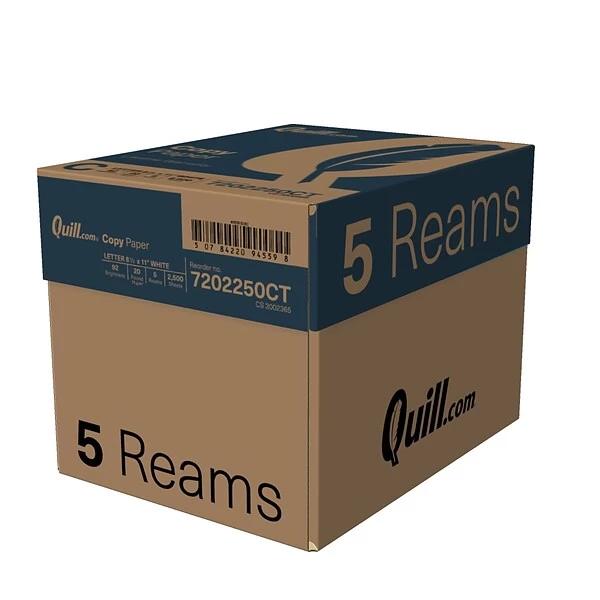 Quill Brand® 8.5" X 11" Copy Paper, 20 Lbs., 92 Brightness, 500 Sheets/Ream, 5 Reams/Carton (7202250CT) 3 Quill Brand® 8.5" X 11" Copy Paper, 20 Lbs., 92 Brightness, 500 Sheets/Ream, 5 Reams/Carton (7202250CT)